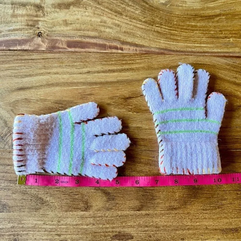 Children's Knitted Pink Gloves With Green Stripes & Colorful Stitching
